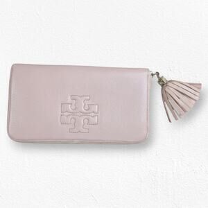 Tory Burch Amanda Blush Pink Pebbled Leather Zip Tassel Continental Wallet